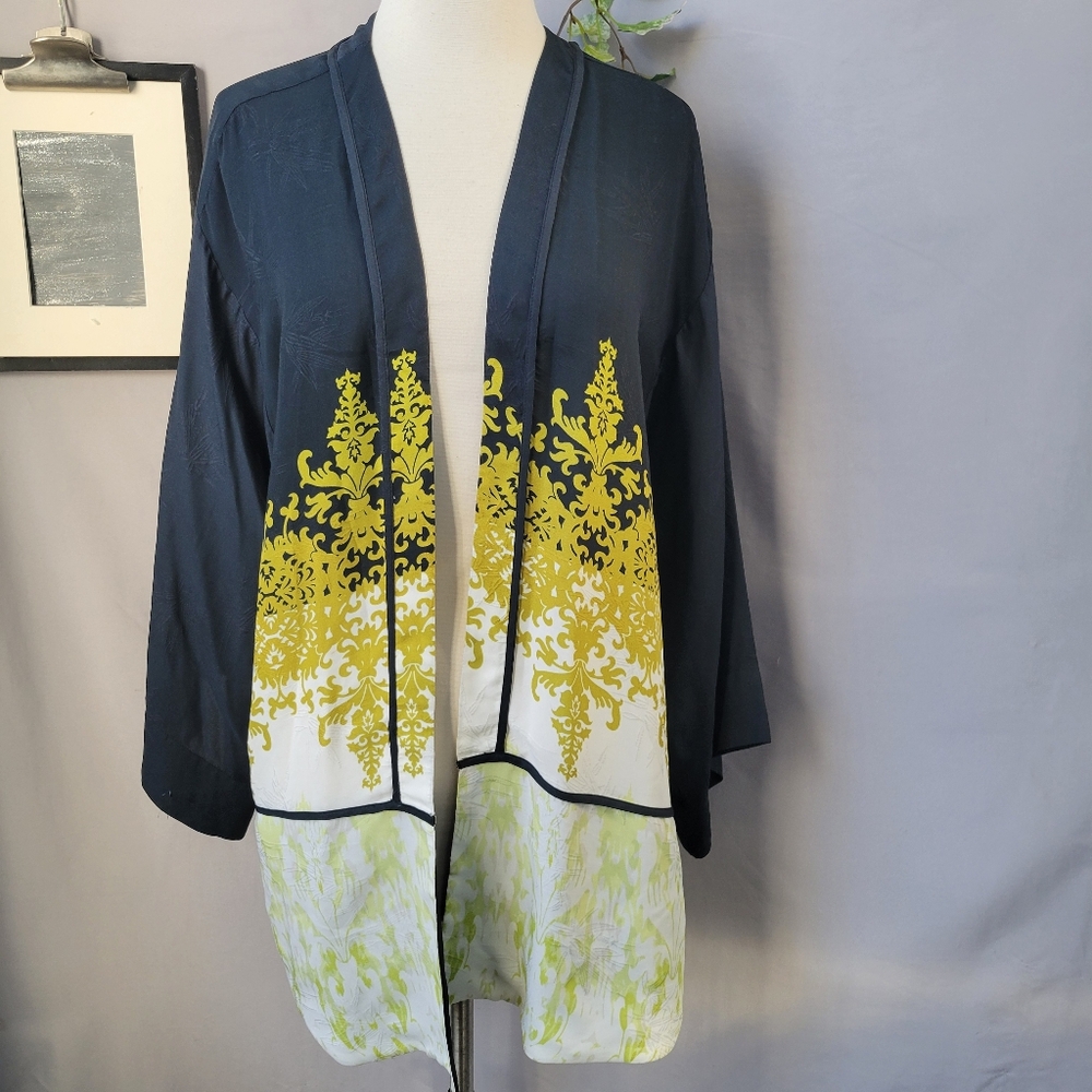 Navy and Yellow Open Front Women's Cardigan